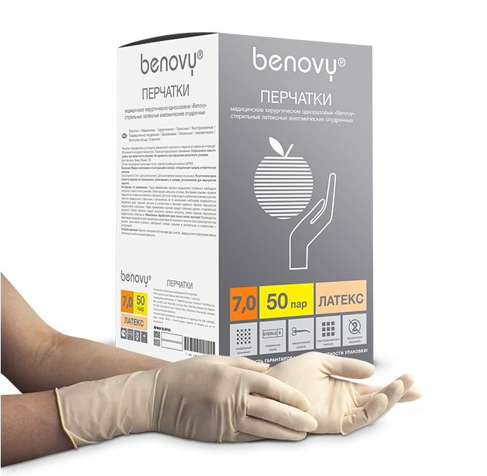 Перчатки латексные BENOVY Sterile Latex медицинские хирургические стерильные анатомические опудренные