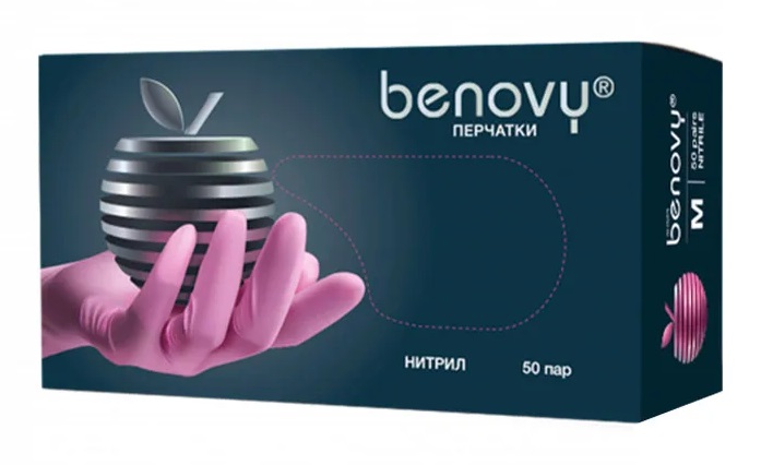 Перчатки нитриловые BENOVY нестерильные текстурированные на пальцах розовые 