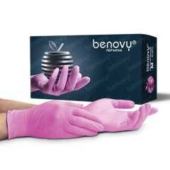 Перчатки нитриловые BENOVY нестерильные текстурированные на пальцах розовые 